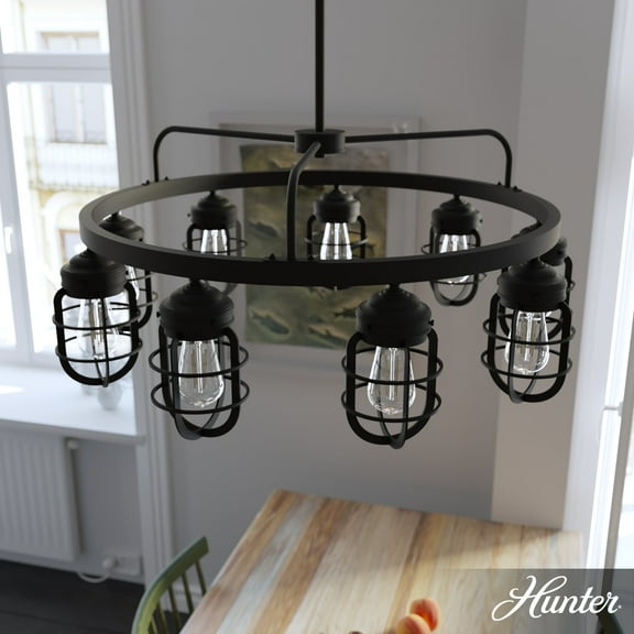 Hunter - Starklake 9-light Natural Black Iron, Large Chandelier, Dimmable, Wagon Wheel Shaped, for Bedrooms, Dining, Living Rooms - 19663