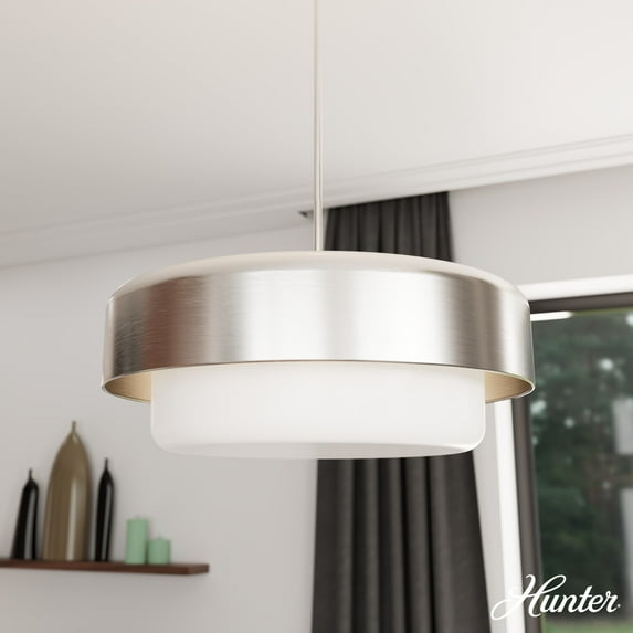 Hunter - Station 4-light Brushed Nickel, Large Pendant Light, Dimmable, Drum Shaped, for Bedrooms, Dining, Living Rooms - 19276