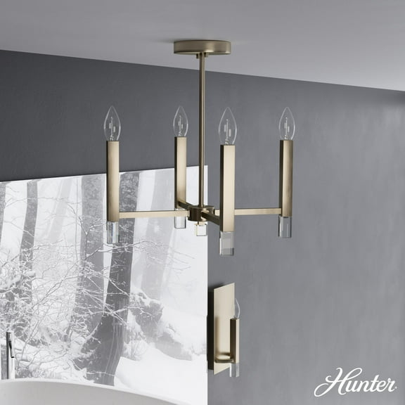 Hunter - Sunjai 4-light Alturas Gold, Medium Size Pendant Light, Dimmable, Formal Style, Candle Shaped, for Bedrooms, Dining, Living Rooms - 19517