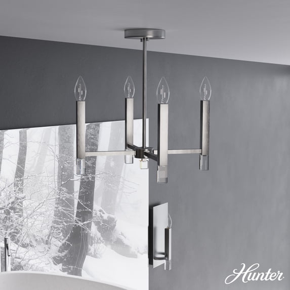 Hunter - Sunjai 4-light Brushed Nickel, Medium Size Pendant Light, Dimmable, Formal Style, Candle Shaped, for Bedrooms, Dining, Living Rooms - 19516