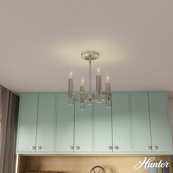 Hunter - Sunjai 4-light Brushed Nickel, Medium Size Flush Mount Light, Dimmable, Formal Style, for Bedrooms, Dining, Living Rooms - 19524