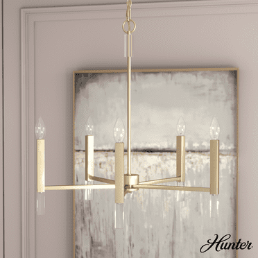 Hunter - Sunjai 5-light Alturas Gold, Large Chandelier, Dimmable, Formal Style, Candle Shaped, for Bedrooms, Kitchens, Dining, Living Rooms - 19523