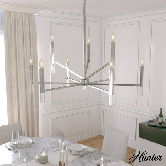 Hunter - Sunjai 9-light Brushed Nickel, Extra Large Chandelier, Dimmable, Formal Style, Candle Shaped, for Bedrooms, Dining, Living Rooms - 19520