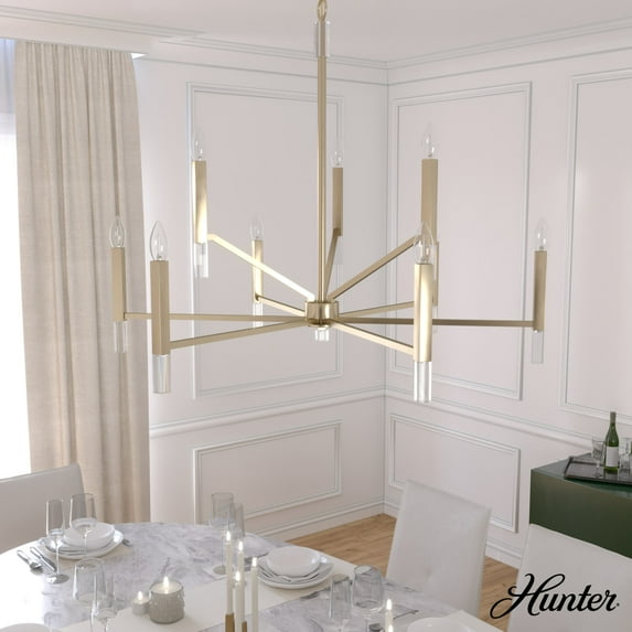Hunter - Sunjai 9-light Alturas Gold, Extra Large Chandelier, Dimmable, Formal Style, Candle Shaped, for Bedrooms, Dining, Living Rooms - 19521