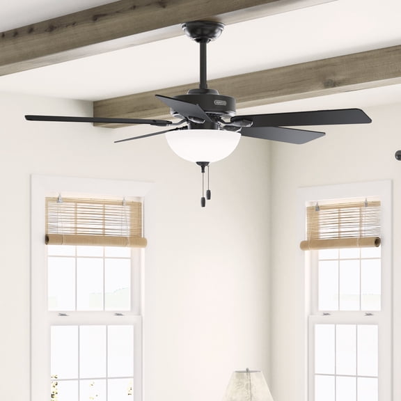 Hunter 52 inch Indoor Ceiling Fan with LED Light - Black Ceiling Fan with Pull Chain, For Bedroom, Living Room, or Kitchen, Standard Mount, No Remote, 5 Blades - Swanson 51738, Matte Black
