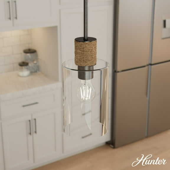 Hunter - Vanning 1-light Noble Bronze, Mini Pendant Light, Dimmable, Boho Style, Cylinder Shaped, for Bedrooms, Dining, Living Rooms - 13110
