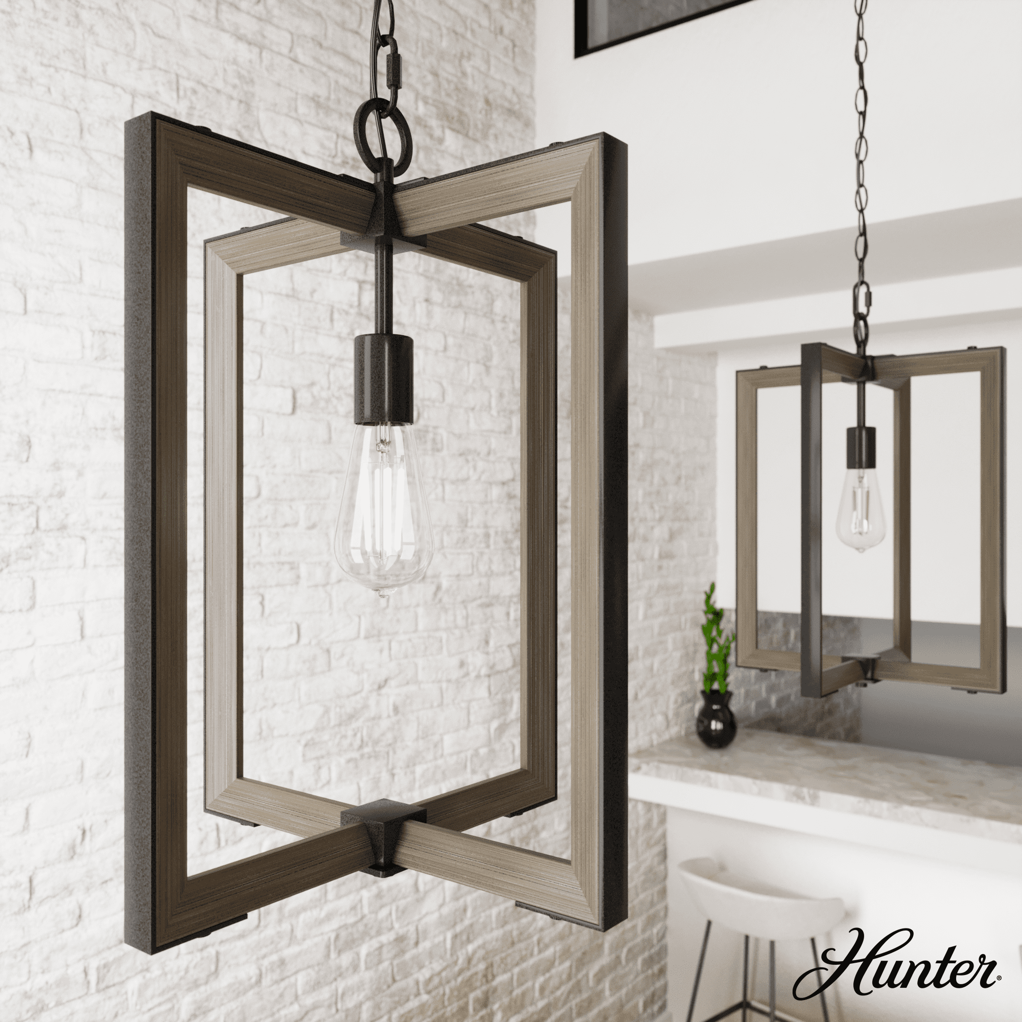 Noble Bronze and Oak 14" Geometric Pendant Light