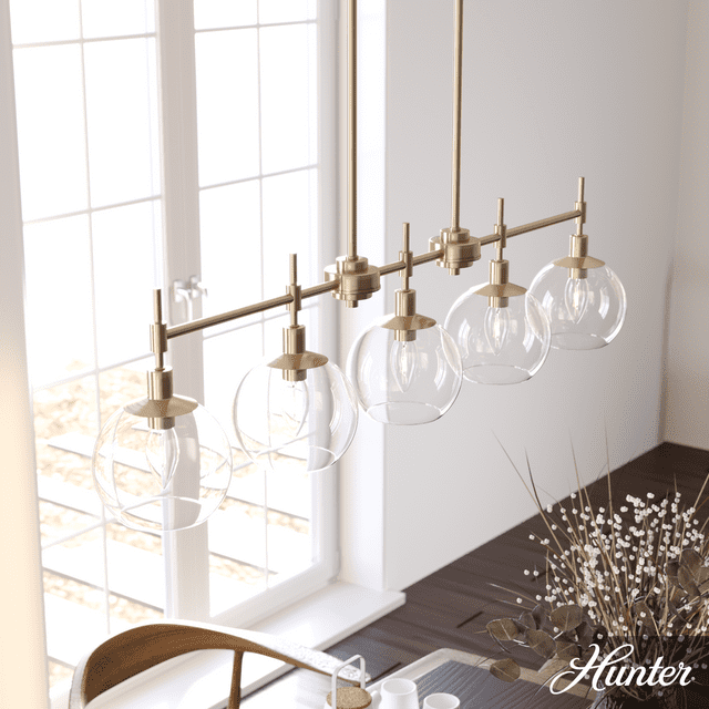 Hunter - Xidane 5-light Alturas Gold, Extra Large Chandelier, Dimmable, Mid Century Modern Style, Linear Shaped, for Bedrooms, Kitchens, Dining, Living Rooms - 19747