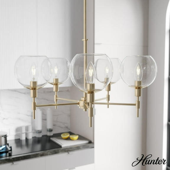 Hunter - Xidane 5-light Alturas Gold, Large Chandelier, Dimmable, Mid Century Modern Style, Round Shaped, for Bedrooms, Dining, Living Rooms - 19741