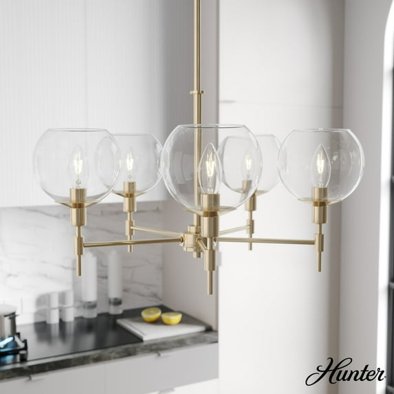 Hunter - Xidane 5-light Alturas Gold, Large Chandelier, Dimmable, Mid Century Modern Style, Round Shaped, for Bedrooms, Dining, Living Rooms - 19741