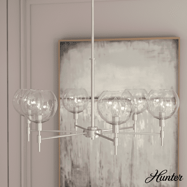 Hunter - Xidane 6-light Brushed Nickel, Large Chandelier, Dimmable, Mid Century Modern Style, Round Shaped, for Bedrooms, Kitchens, Dining, Living Rooms - 19744