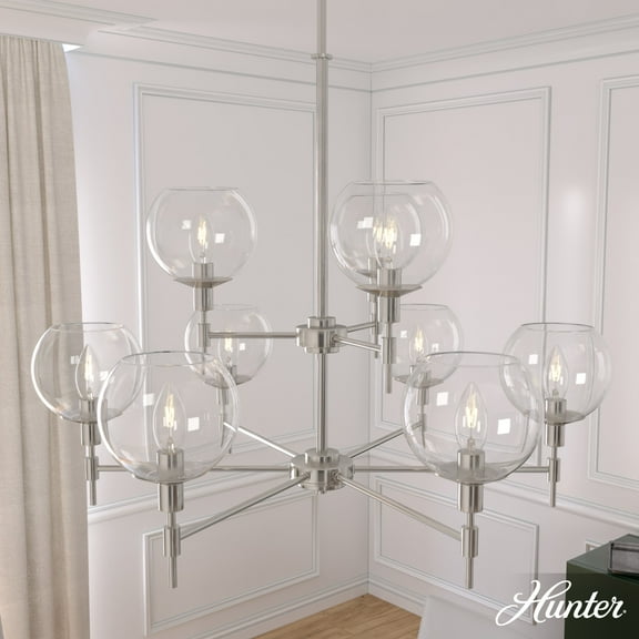 Hunter - Xidane 9-light Brushed Nickel, Large Chandelier, Dimmable, Round Shaped, for Bedrooms, Dining, Living Rooms - 19746