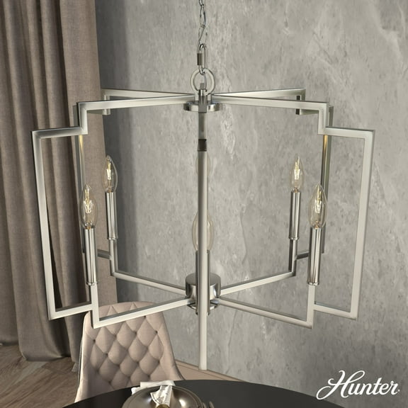 Hunter - Zoanne 6-light Brushed Nickel, Large Chandelier, Dimmable, Modern Style, Geometric Shaped, for Bedrooms, Dining, Living Rooms - 19573