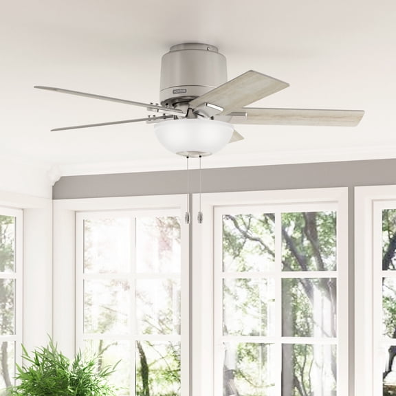 Hunter 44 inch Indoor Ceiling Fan with LED Light - Low Profile Ceiling Fan with Pull Chain, For Bedroom, Living Room, or Kitchen, No Remote, 5 Blades - Fitzgerald 51587, Brushed Nickel
