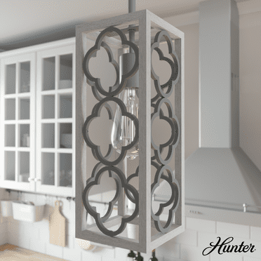 Hunter - Gablecrest 1-light Distressed White, Mini Pendant Light, Dimmable, Transitional Style, Rectangle Shaped, for Bedrooms, Kitchens, Dining, Living Rooms - 19391