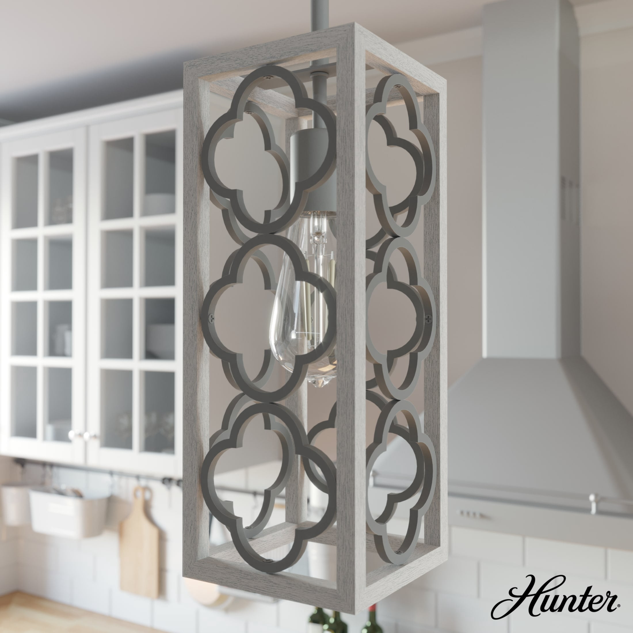 Hunter - Gablecrest 1-light Distressed White, Mini Pendant Light, Dimmable, Transitional Style, Rectangle Shaped, for Bedrooms, Dining, Living Rooms - 19391