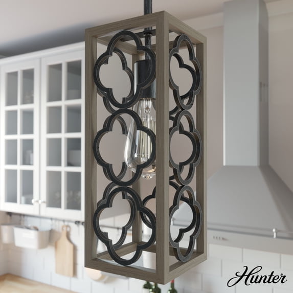 Hunter - Gablecrest 1-light French Oak, Mini Pendant Light, Dimmable, Transitional Style, Rectangle Shaped, for Bedrooms, Dining, Living Rooms - 19390