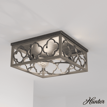 Hunter - Gablecrest 2-light French Oak, Medium Size Flush Mount Light, Dimmable, Transitional Style, Square Shaped, for Bedrooms, Kitchens, Dining, Living Rooms - 19392