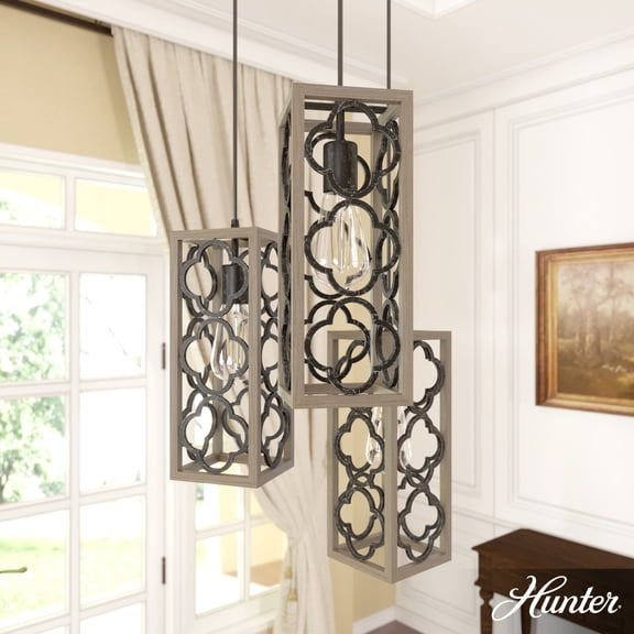 Hunter - Gablecrest 3-light French Oak, Medium Size Cluster Light, Dimmable, Transitional Style, Round Shaped, for Bedrooms, Dining, Living Rooms - 19995