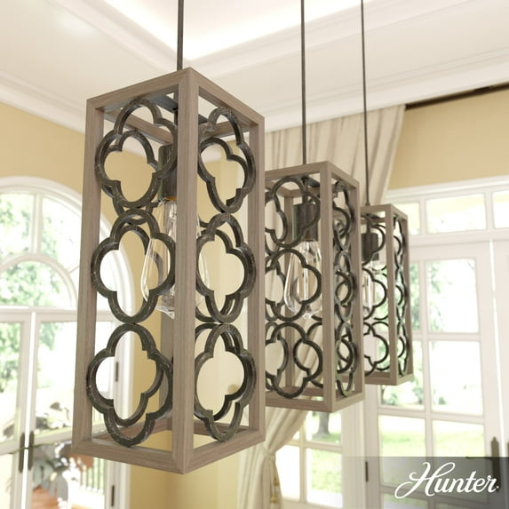 Hunter - Gablecrest 3-light French Oak, Large Cluster Light, Dimmable, Transitional Style, Linear Shaped, for Bedrooms, Dining, Living Rooms - 19948