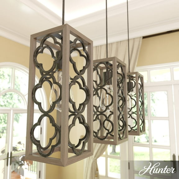 Hunter - Gablecrest 3-light French Oak, Large Cluster Light, Dimmable, Transitional Style, Linear Shaped, for Bedrooms, Dining, Living Rooms - 19948