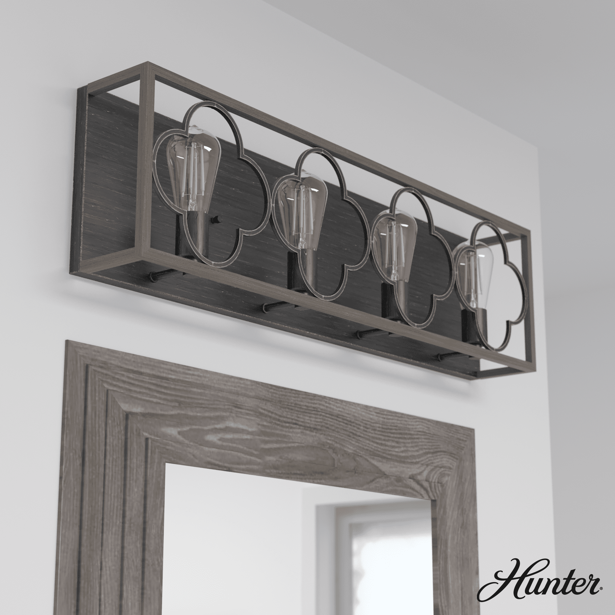 French Oak and Black Iron 4-Light Vanity Fixture