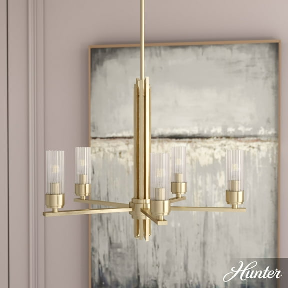 Hunter - Gatz 5-light Alturas Gold, Large Chandelier, Dimmable, Candle Shaped, for Bedrooms, Dining, Living Rooms - 19783