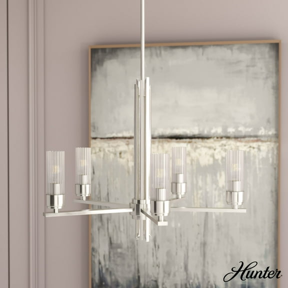 Hunter - Gatz 5-light Brushed Nickel, Large Chandelier, Dimmable, Candle Shaped, for Bedrooms, Dining, Living Rooms - 19784