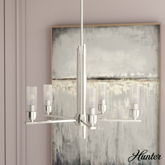 Hunter - Gatz 5-light Brushed Nickel, Large Chandelier, Dimmable, Candle Shaped, for Bedrooms, Dining, Living Rooms - 19784