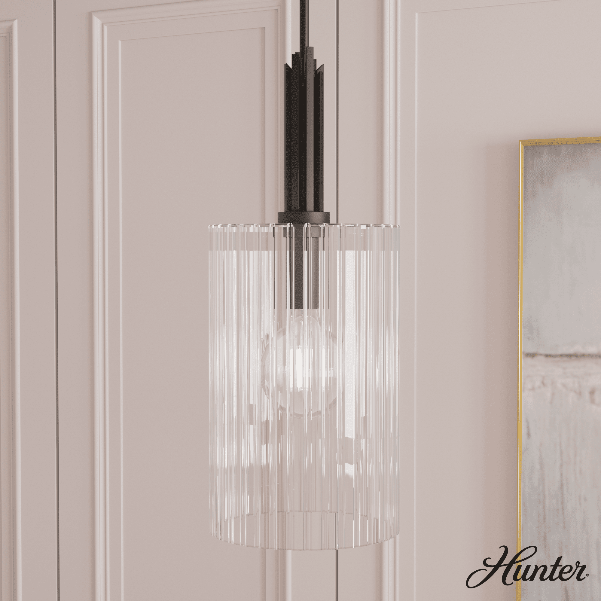 Matte Black Cylinder Pendant Light with Clear Fluted Glass Shade