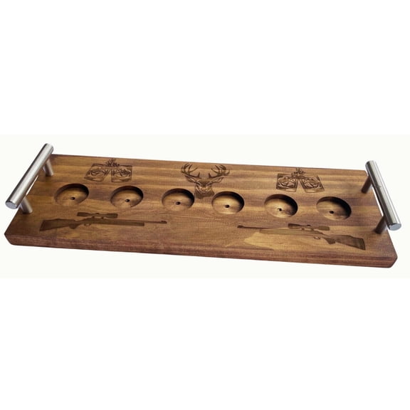 Hunter Gift Bourbon Flight Board  Rustic Pine Shot Glass Tasting Tray with Handles & QR Code Cocktail Recipes (16"x5.5")