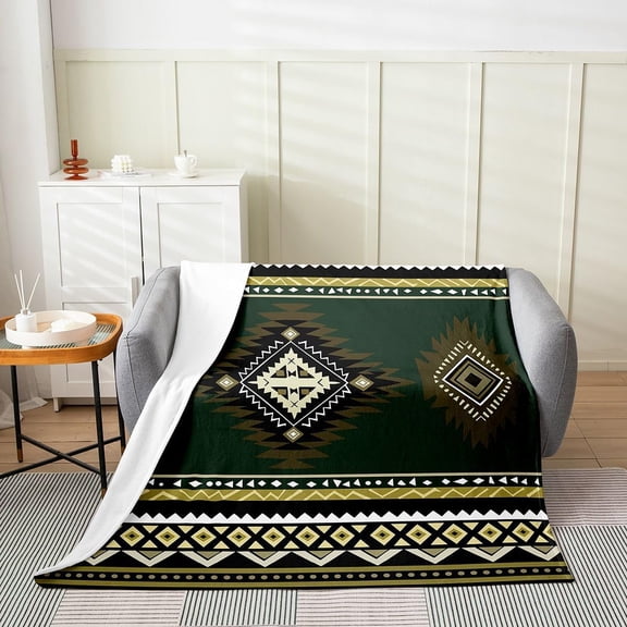 Hunter Green Aztec Tribal Geometric Print Throw Blanket Southwestern Ethnic Pattern Soft Flannel Decorative Blanket For Sofa Bedroom