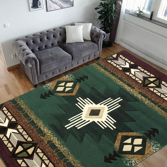 Hunter Green, Beige, Brown, Modern Contemporary Rug for Cabin