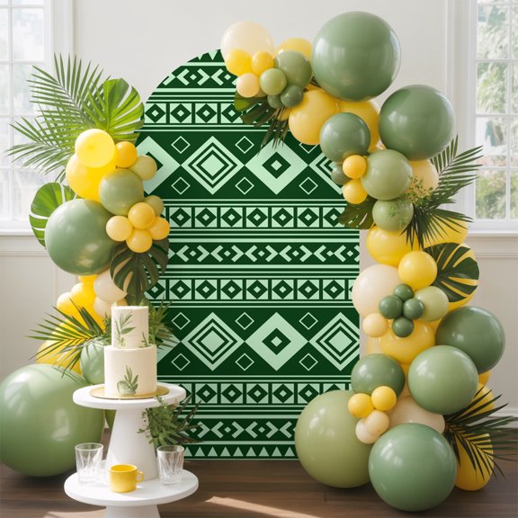 Hunter Green Boho Arch Backdrop Cover, 5FT, Moroccan Geometric Striped Folk Modern Farm Moss Spandex Arch Covers Double-Sided Backdrop for Wedding Birthday Party Photo Background Decoration