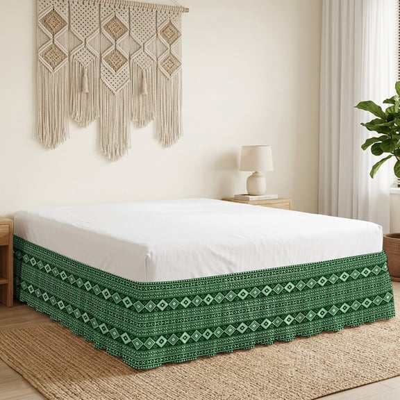 Hunter Green Boho Bed Skirt 18 Inch Drop, Moroccan Geometric Striped Folk Modern Farm Moss Wrap Around Dust Ruffle Bedskirt with Adjustable Elastic Belt for California King Size Beds