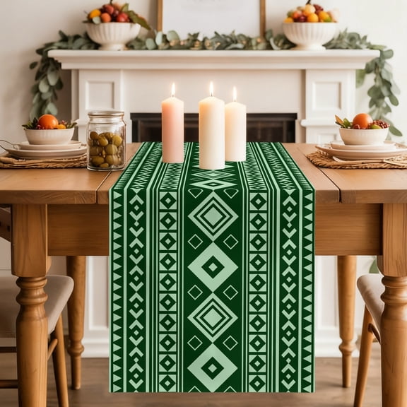 Hunter Green Boho Dining Table Runner, Moroccan Geometric Striped Folk Modern Farm Moss Washable Table Runners Kitchen Coffee Table Center Decor for Home Party Holiday Wedding 13 x 48 Inches