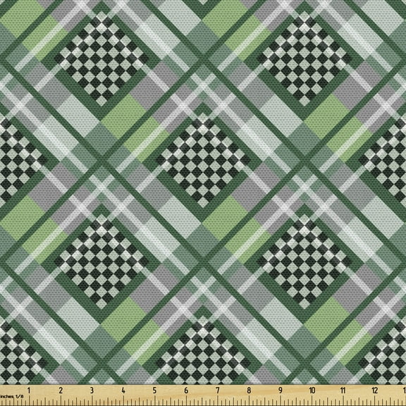 Ambesonne Hunter Green Fabric by the Yard Upholstery, Checkered with Squares, 5 Yards, Hunter Green Multicolor