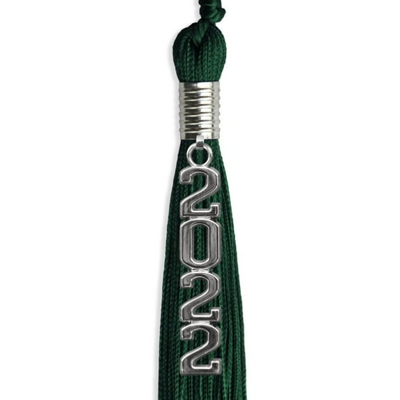 Hunter Green Graduation Tassel with Silver Stacked Date Drop