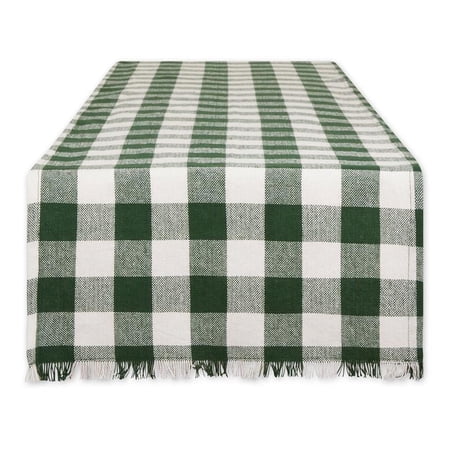 Hunter Green Heavyweight Check Fringed Cotton Table Runner 14x108