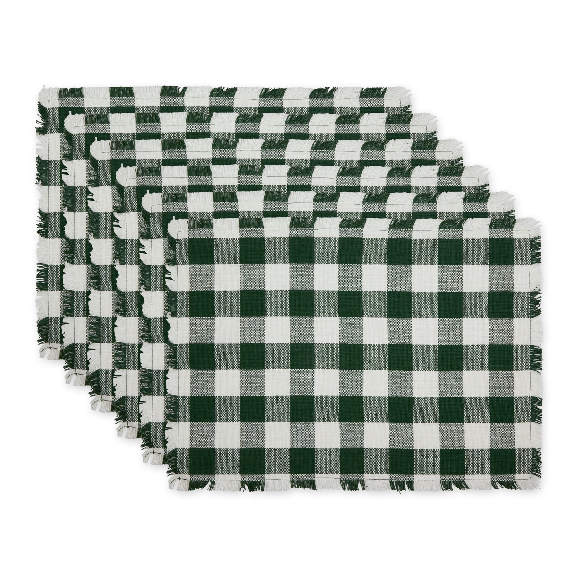 Hunter Green and White Cotton Checkered Fringed Placemats, Set of 6