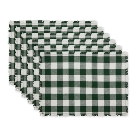 Hunter Green Heavyweight Check Fringed Cotton Placemat 13x19x0.2 (Set of 6)