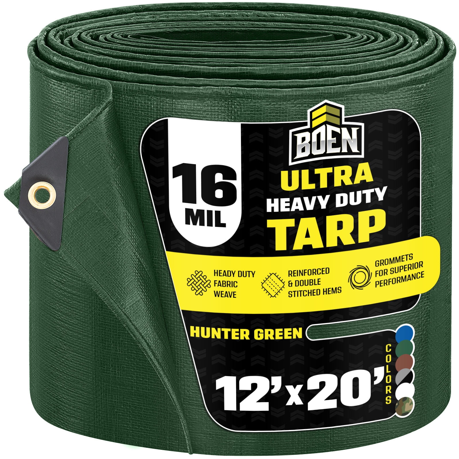 Ultra Heavy-Duty Tarp, 12 ft x 20 ft, 16 Mil Thick, Hunter Green