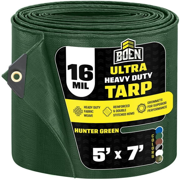 Hunter Green Large Ultra Heavy Duty Tarp 5' x 7', 16 Mil Thickness