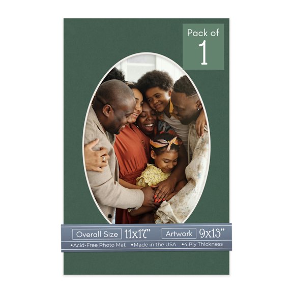 Hunter Green Picture Frame Mat for 11x17 Frames - Oval Opening for 9x13 Photos - 1 Mat