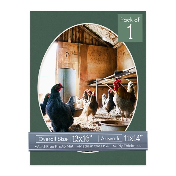 Hunter Green Picture Frame Mat for 12x16 Frames - Oval Opening for 11x14 Photos - 1 Mat