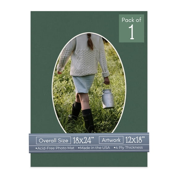 Hunter Green Picture Frame Mat for 18x24 Frames - Oval Opening for 12x18 Photos - 1 Mat