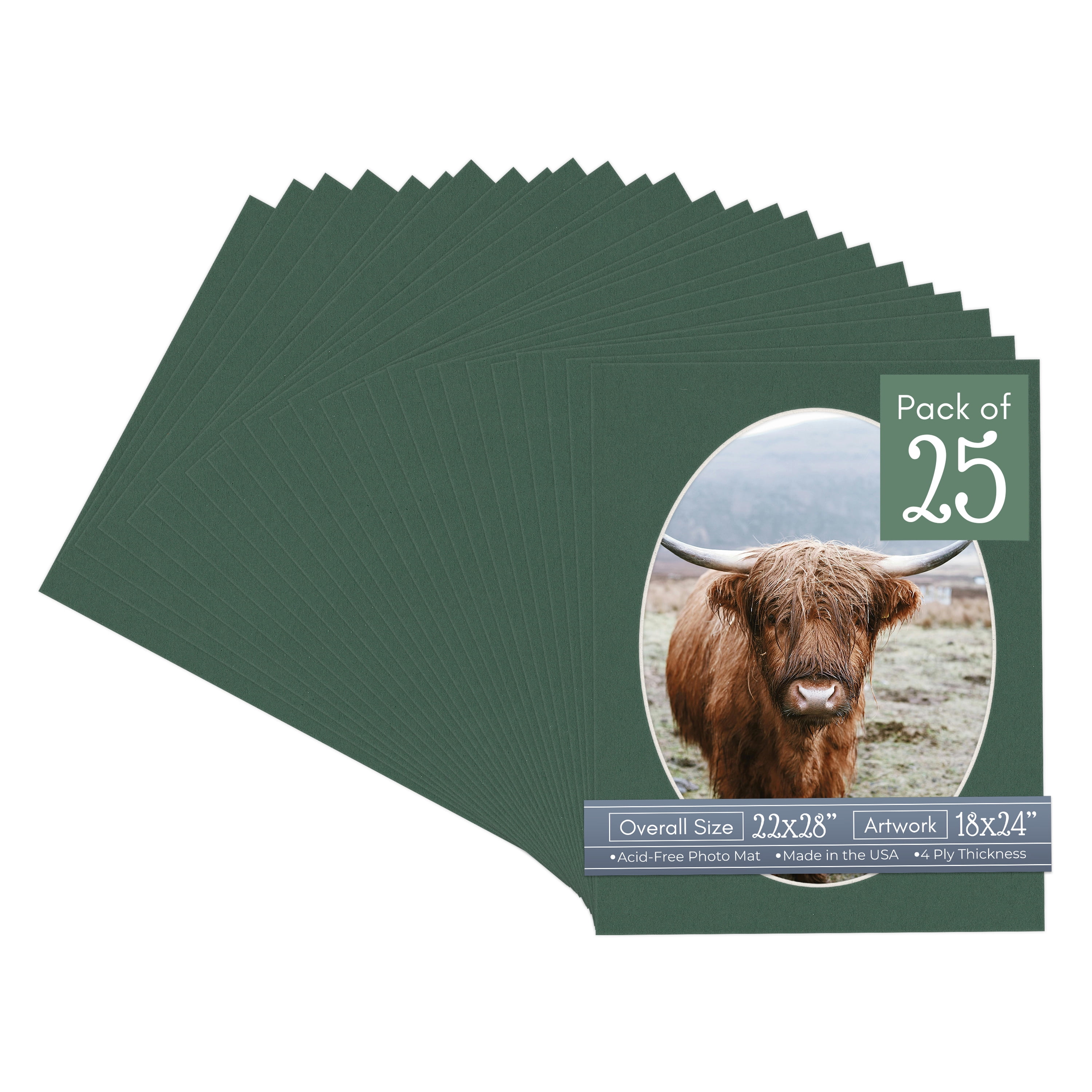Hunter Green Picture Frame Mat for 22x28 Frames - Oval Opening for 18x24 Photos - 25 Mats