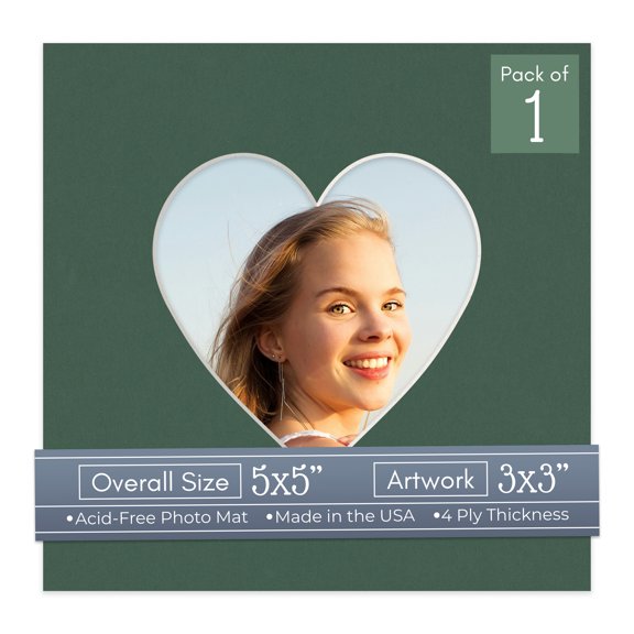 Hunter Green Picture Frame Mat for 5x5 Inch Frames - Heart Opening for 3x3 Photos - 1 Mat