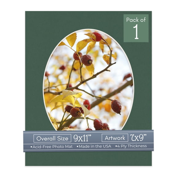 Hunter Green Picture Frame Mat for 9x11 Frames - Oval Opening for 7x9 Photos - 1 Mat