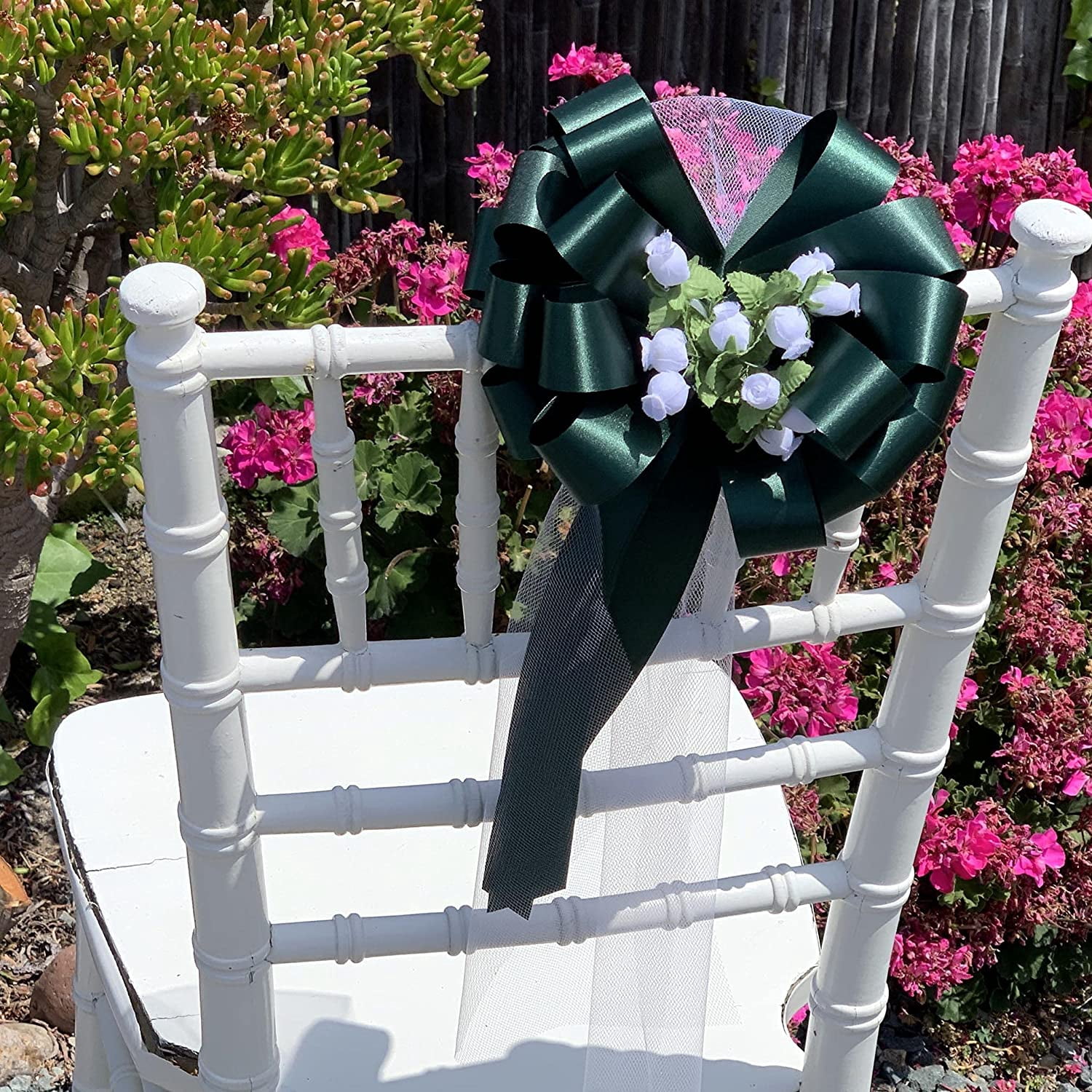 Hunter Green Pull Bows with Tulle Tails and Rosebuds - 8" Wide, Set of 6, Christmas, Wedding, St. Patrick's Day